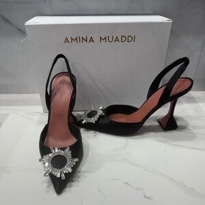 Amina Muaddi Begum Crystal Satin Black Heels